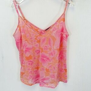 Tropical Pink Tank Top Womens XS Orange Floral Sheer Cami Hawaiian Aloha HM‎